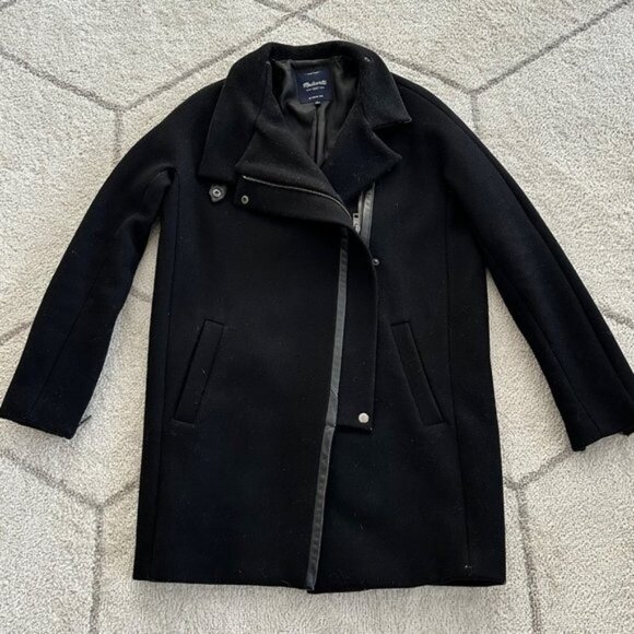 Madewell City GridCoat Black Wool Blend Cold Weather Coat Asymmetric Zipper Sz 2 - Picture 1 of 13